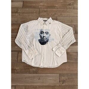 VTG Makaveli Tupac Branded Embroidered Button Down Flip Cuff Striped Shirt XXL